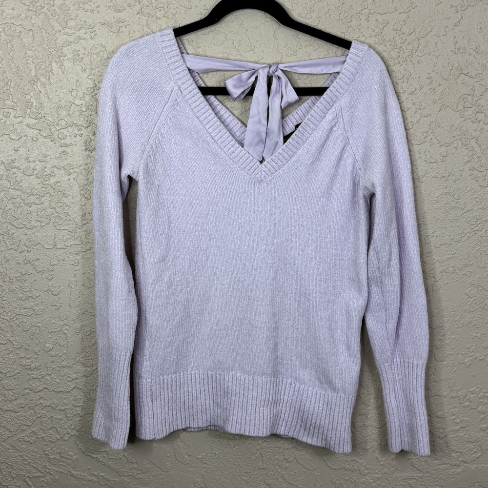 Women's Lilac Chenille Ribbon Back Sweater Petite Small Soft Cozy Pastel Spring‎